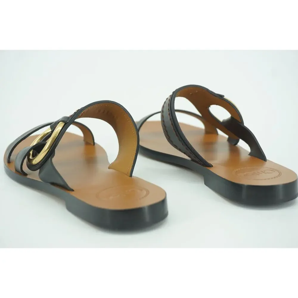 Chloe Demi Slide Buckle Glide Flat Sandals SZ 38 NIB New $670 Black Leather